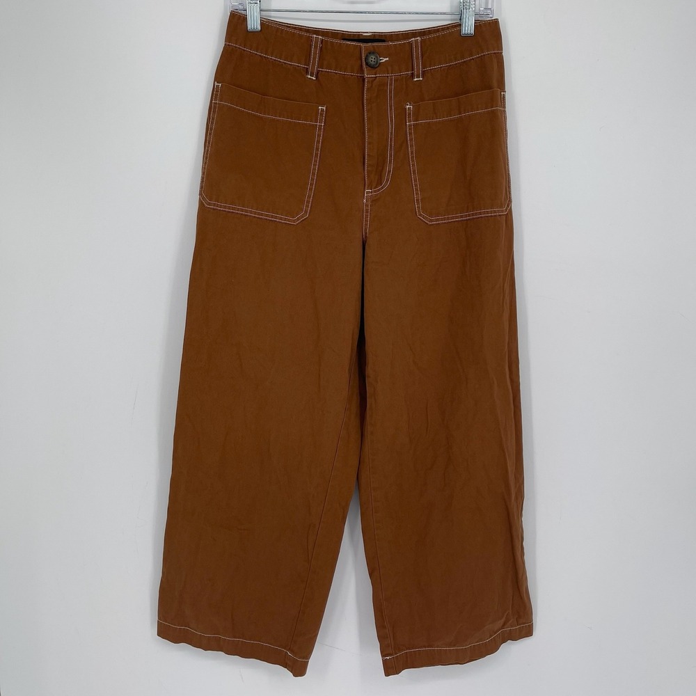 Who What Wear Women's Brown Contrast Stitch High Rise Wide Leg Crop Pants Size 8